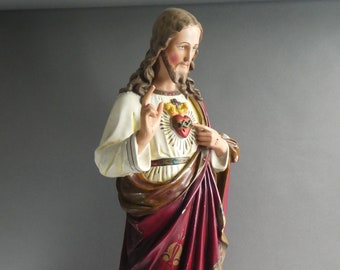 Stunning Extra Large Statue Jesus Sacred Heart, 33.5&#39;&#39; Polychrome Religious Jesus Christ Figurine, Detailed Statuette with 3D Heart