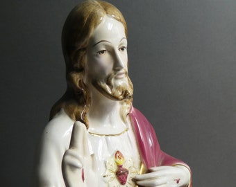 Porcelain Glazed Jesus Sacred Heart Signed Religious Statue, 1960&#39;s Handpainted Christ Figurine with Open Arms, Polychrome Jesus 20&#39;&#39;