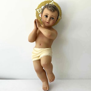 Vintage Baby Jesus Statue 14&#39;&#39; with Glass Eyes and Halo, Child Jesus with Halo, Infant Jesus Nativity Scene with Original Box, Spanish Art