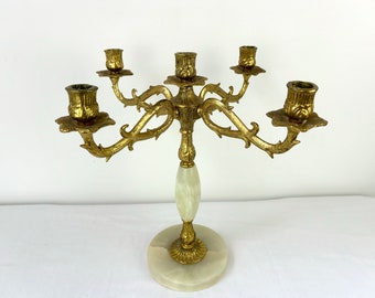 Beautiful Vintage French Brass Candle Holder with Marble, Ornate Candlestick, Church Candelabra with 5 Arms