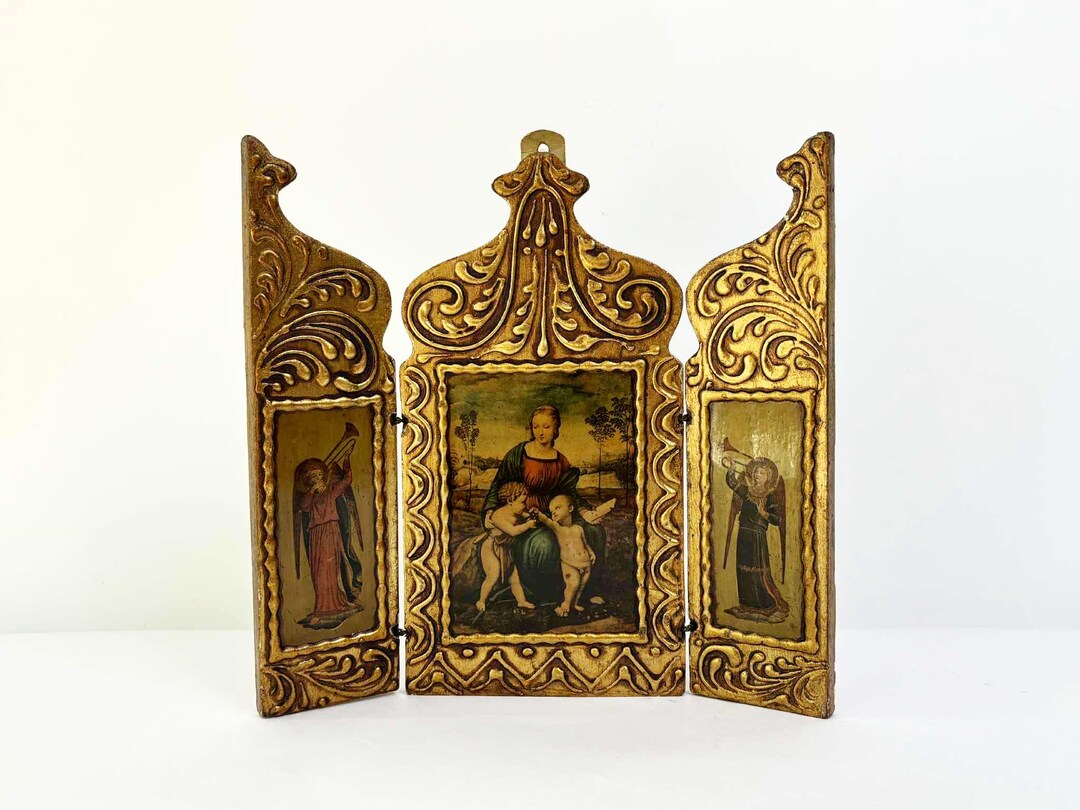 Vintage Florentine Gold Gilt Triptych, Virgin Mary With Archangels ...