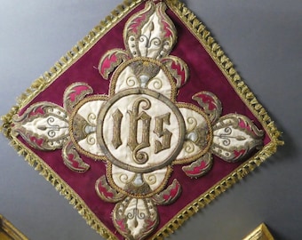 Antique Embroidery Gold Metallic Church Altar Cloth, Amazing Detailed Needlework IHS Religious Fabric, 18th Century Red Velvet/Gold Textil