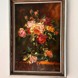 Vintage Floral Oil Painting, Signed Roses Still Life in Glass Vase, Framed Artwork