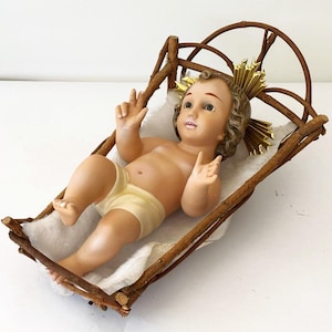 Antique Baby Jesus Figurine with Glass Eyes in Crib, Child Jesus with Halo, Infant Jesus Nativity Scene
