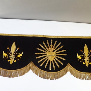 Antique Religious Textile with Sacred Heart Embroidery, Applique Ecclesiastical Gold Thread Fabric with Purple Velvet, 1800&#39;s Embroidery