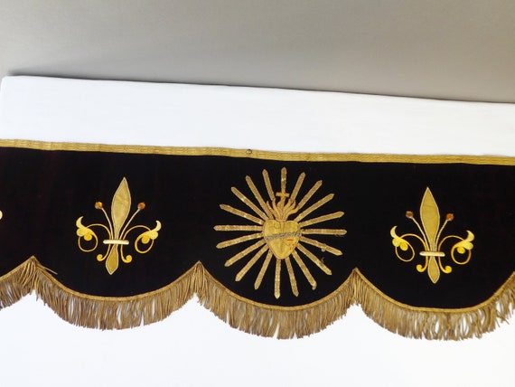Antique Religious Textile with Sacred Heart Embroidery, Applique Ecclesiastical Gold Thread Fabric with Purple Velvet, 1800's Embroidery