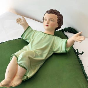 Large Antique Baby Jesus Statue, Polychrome Child Jesus Plaster Statue with Pillow, Infant Jesus Nativity Scene, Green Clothing