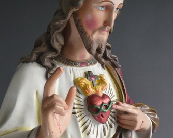 Stunning Extra Large Statue Jesus Sacred Heart, 33.5&#39;&#39; Polychrome Religious Jesus Christ Figurine, Detailed Statuette with 3D Heart