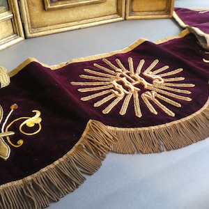Antique Religious Textile with Embroidery and Beads, Applique Ecclesiastical Gold Thread Fabric IHS with Purple Velvet, 1800&#39;s Embroidery
