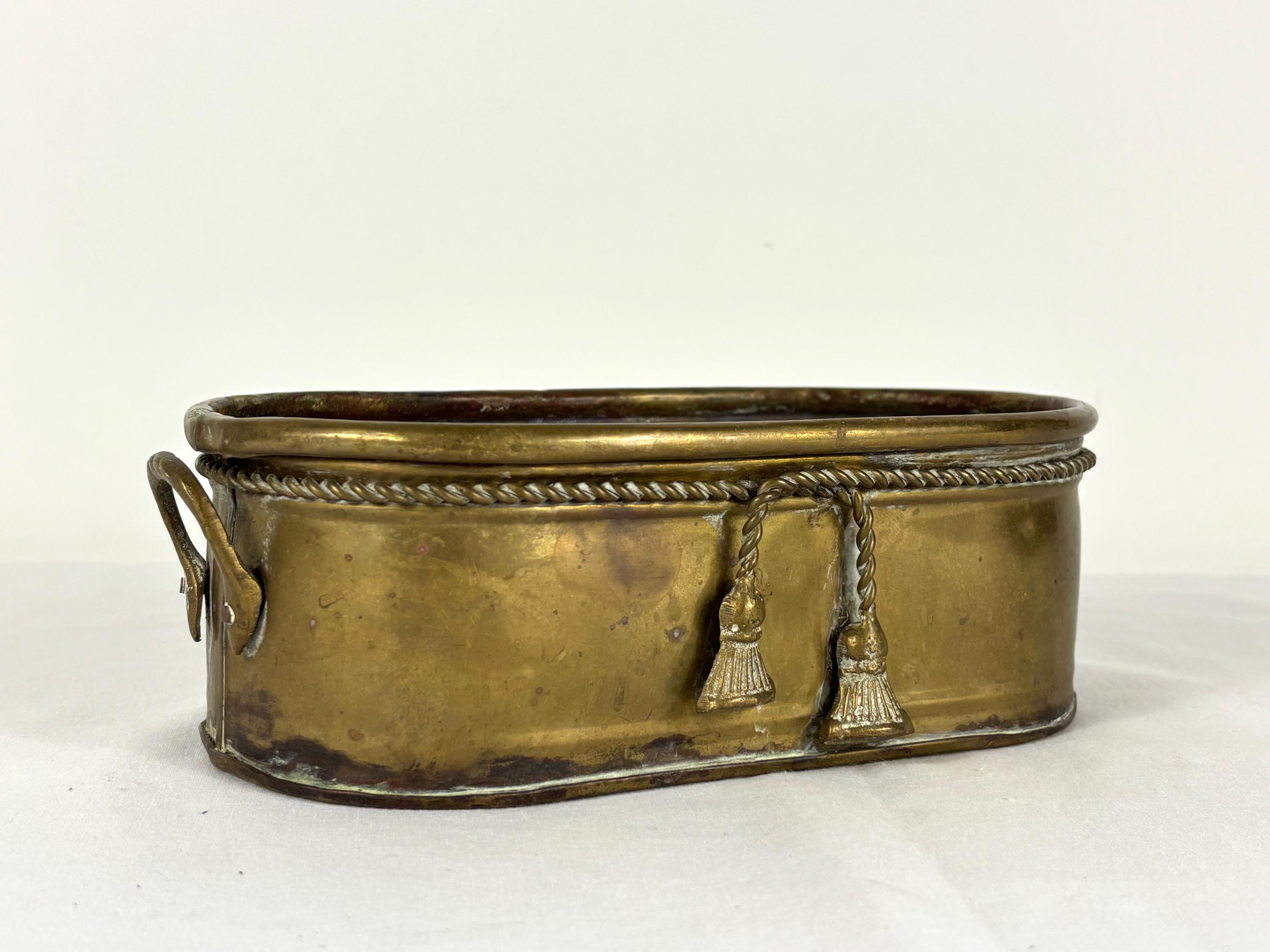 Antique Small Brass Jardinière with Rope Detailing and Tassels