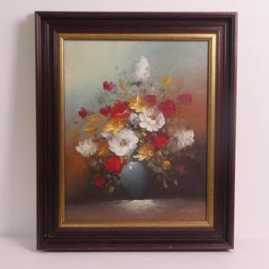 Vintage Signed Floral Oil Painting on Canvas with Wooden Frame, Framed Rectangular Still Life Painting