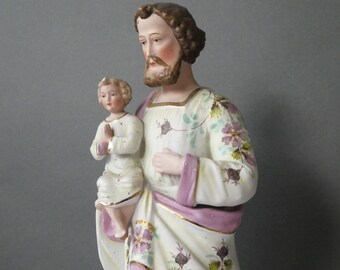 Antique Bisque Saint Joseph with Child Jesus Statue, Porcelain Religious Figurine with Floral and Golden Details, Polychrome Statue