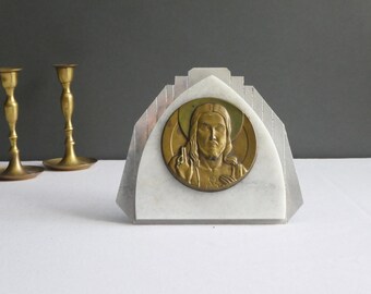 Antique French Signed Onyx Plaque with Jesus, Art Deco Bronze Religious Decoration Parvillers