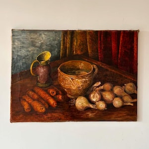 Antique Still Life Oil Painting with Pitcher, Carrots and Onions, Old Rustic Kitchen Painting on Canvas