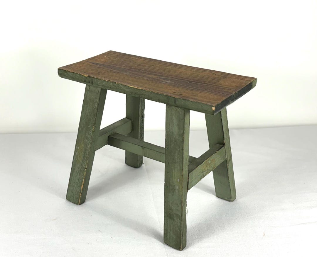 Vintage Green Small Wooden Stool, Farmhouse Plant Stand, Old Bench Step ...