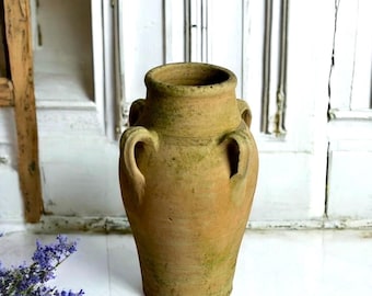 Antique Clay Amphora-Style Vase with Handles, Rustic Earthenware Pottery, Aged Patina