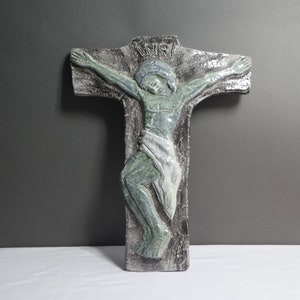 Mid Century Ceramic Glazed Crucifix with Green and Gray Colors, Jesus Christ Cross Wall Hanging Signed, 1960&#39;s Modern Religious Wall Decor