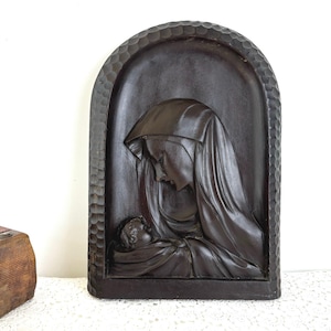 Rare Beautiful Wooden Hand Carved Icon, Virgin Mary with Baby Jesus , Holy Mary Vintage Wall hanging