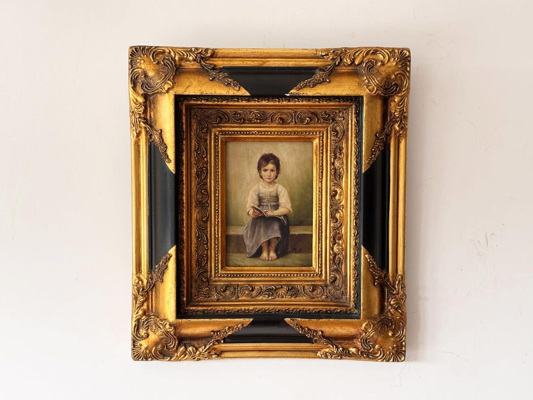 Vintage Oil Portrait Painting of Young Girl Reading, Oil on Wood Panel ...