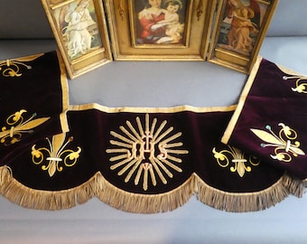 Antique Religious Textile with Embroidery and Beads, Applique Ecclesiastical Gold Thread Fabric IHS with Purple Velvet, 1800's Embroidery