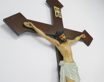 Antique Extra Large Wooden Crucifix, Beautiful Cross Jesus Christ Hand Painted, 46 Inches Religious Decoration Wall Hanging