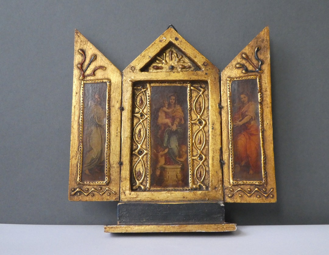 Small Italian Florentine Religious Triptych, Vintage Virgin Mary Wood ...