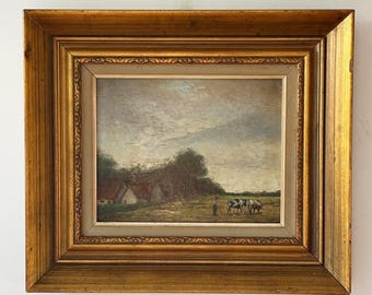 アンティークの大型フランス油絵、金色の額縁、牛のいる森の秋の風景