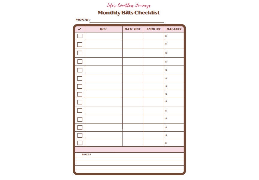 Printable Monthly Bills Checklist - Etsy