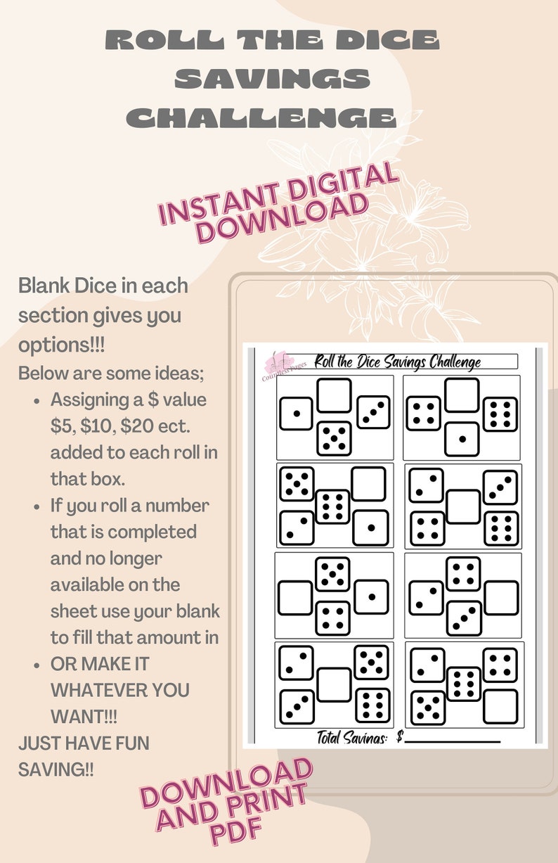 Roll the Dice Savings Challenge INSTANT DOWNLOAD Etsy