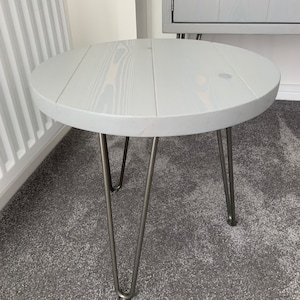 Round Side Table Handmade from solid wood with Industrial steel Hairpin Legs Various colours available