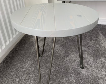 Round Side Table Handmade from solid wood with Industrial steel Hairpin Legs Various colours available