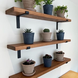 Rustic Shelves Solid Wood & Steel Brackets, Kitchen-Bathroom Shelf - 20cm Depth Chunky Wood Shelving l Various Colours