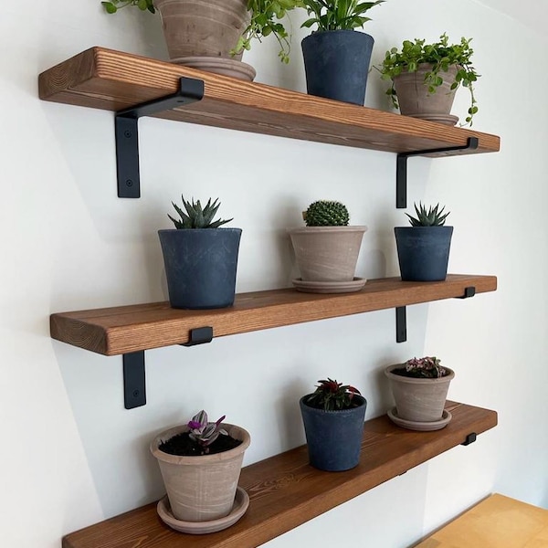 Rustic Shelves Solid Wood & Steel Brackets, Kitchen-Bathroom Shelf - 20cm Depth Chunky Wood Shelving l Various Colours