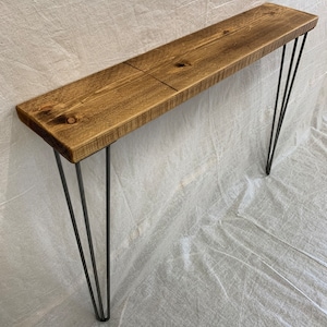 Narrow Rustic Console Table With Hairpin legs, wooden characterful hallway table, radiator shelf, wall table