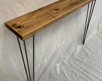 Narrow Rustic Console Table With Hairpin legs, wooden characterful hallway table, radiator shelf, wall table