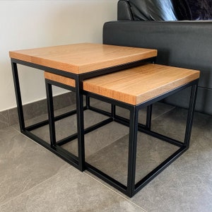 Solid Oak nest of tables with handmade industrial black steel box section base | Side Table | Coffee Table