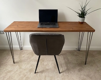 Rustic Office Desk, Industrial Steel Hairpin Legs, Customisable, Handmade To Order, Solid Wood Desk | Bespoke sizes