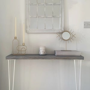 Narrow console table with hairpin legs, wooden rustic hallway table, radiator shelf, Grey Furniture l Various top & leg colours image 1