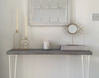 Narrow console table with hairpin legs, wooden rustic hallway table, radiator shelf, Grey Furniture l Various top & leg colours