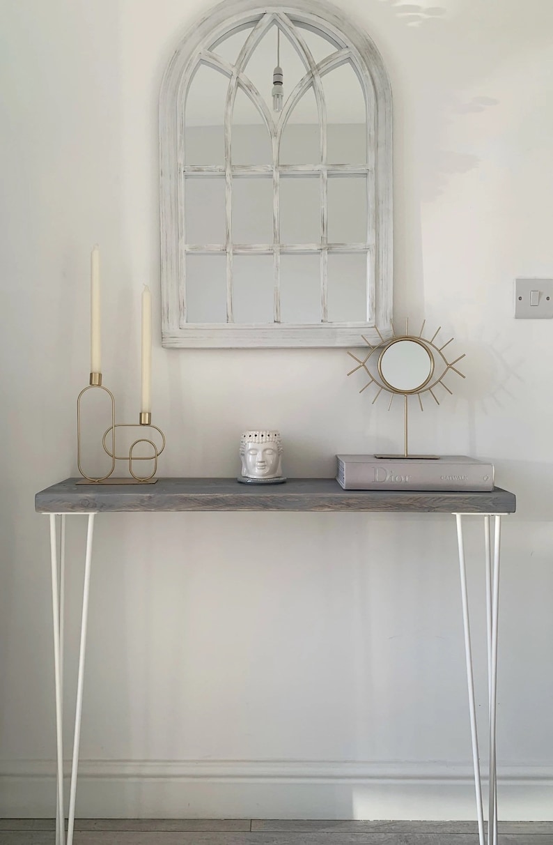 Narrow console table with hairpin legs, wooden rustic hallway table, radiator shelf, Grey Furniture l Various top & leg colours image 1