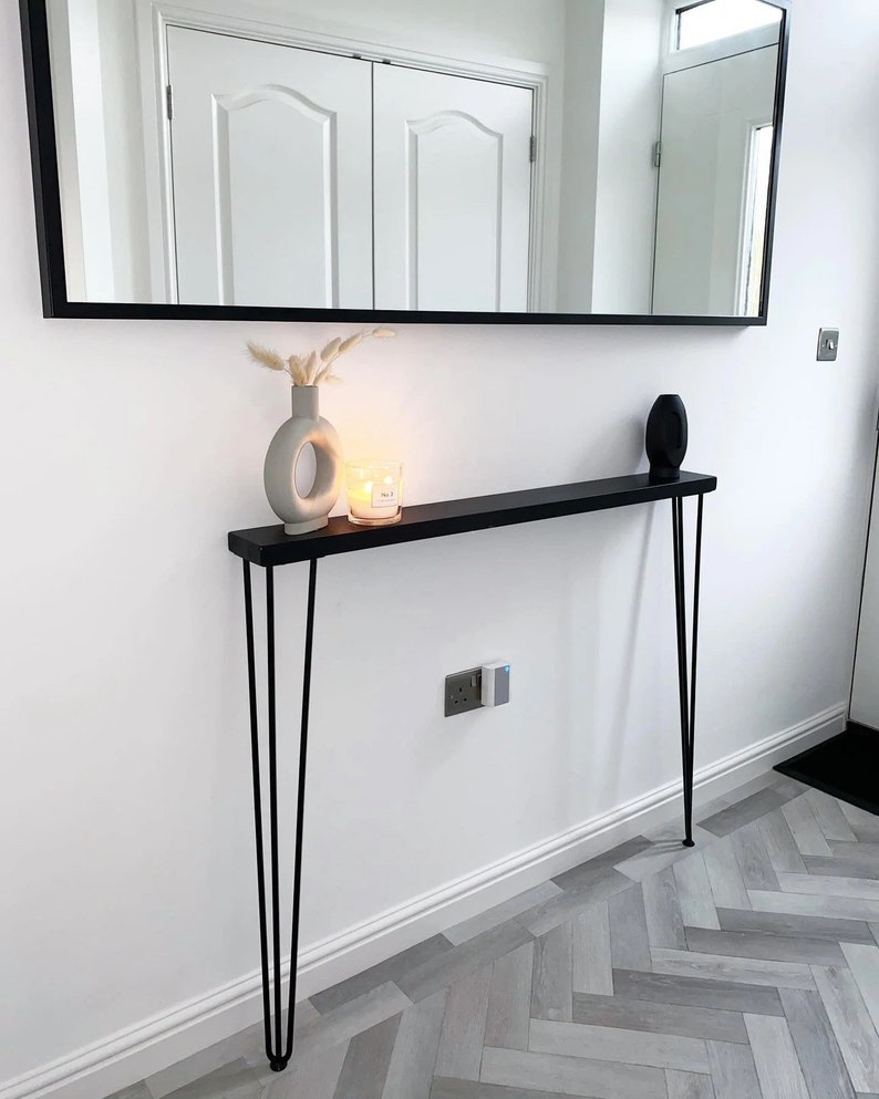 Narrow console table with hairpin legs, wooden rustic hallway table, radiator shelf, Grey Furniture l Various top & leg colours image 3