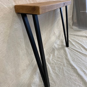 Chunky rustic console table with box hairpin legs, wooden industrial hallway table, radiator shelf, wall table