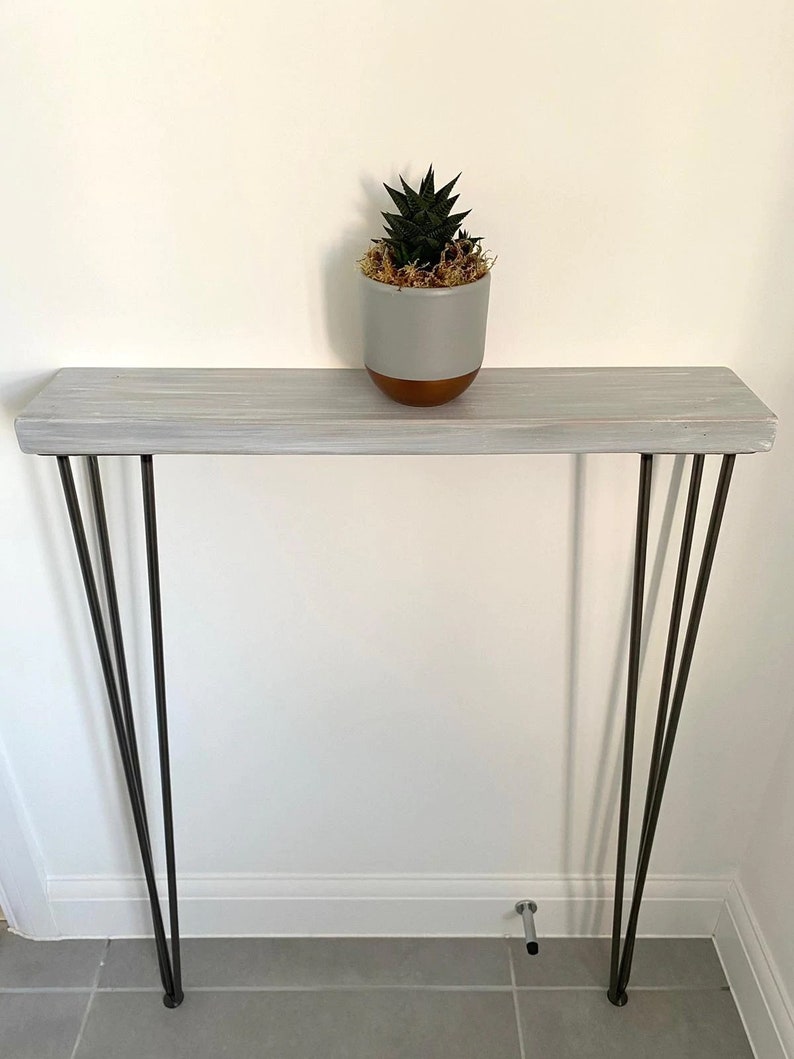 Narrow console table with hairpin legs, wooden rustic hallway table, radiator shelf, Grey Furniture l Various top & leg colours image 5