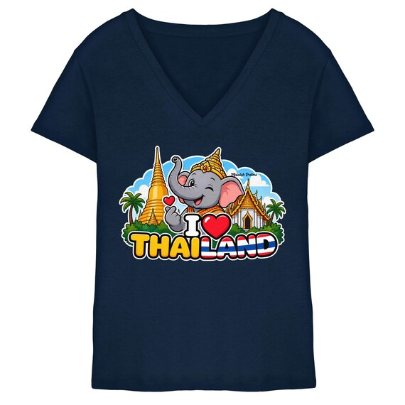 I Love Thailand – Smiling Elephant Exclusive Munich Palms Design - Ladies V-Neck Shirt