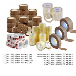 Heavy Duty Packing Parcel Tape. Clear, Buff/Brown, Fragile. Kraft Sellotape. 11 Variations