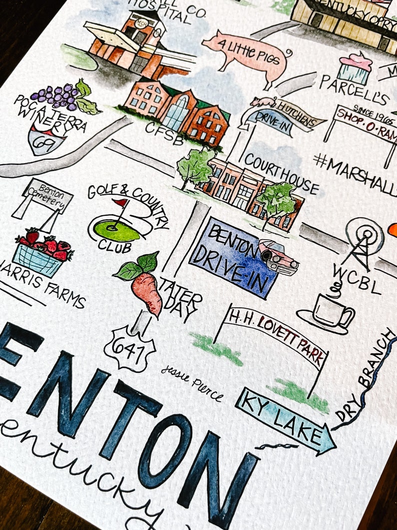 Benton KY Map, Doodle Map, KY Print, Watercolor Art Print, Kentucky Print, Kentucky Wall Art