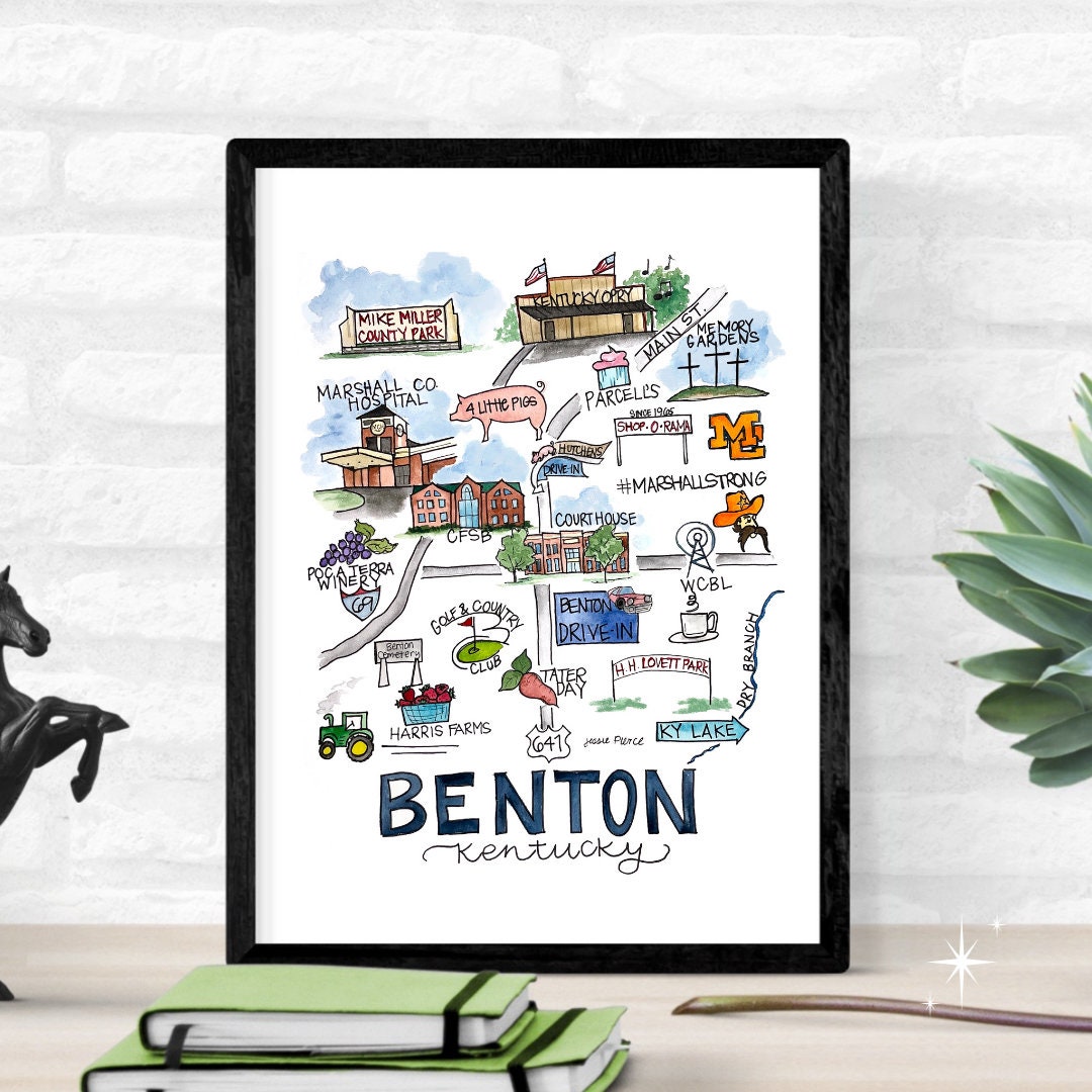 Benton KY Map, Doodle Map, KY Print, Watercolor Art Print, Kentucky Print, Kentucky Wall Art