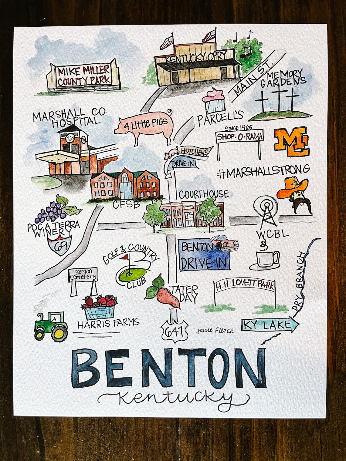 Benton KY Map, Doodle Map, KY Print, Watercolor Art Print, Kentucky Print, Kentucky Wall Art