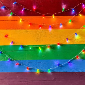 May include: A rainbow-striped wooden background with red, orange, yellow, green, blue, and purple bands. String lights with coloured bulbs are arranged in a curved pattern. A bee logo is in the bottom right corner.