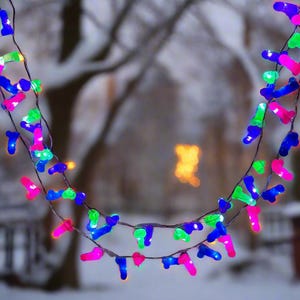 Puede incluir: Cadena de luces de colores con forma de falo en azul, rosa y verde. Las luces están ensartadas en un cable negro. El fondo es una escena invernal borrosa con nieve y árboles.